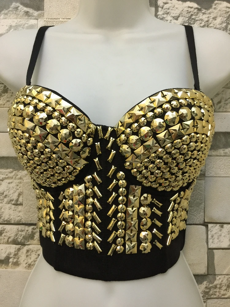 

Plus Size Slimming Skinny Gold Rivet Beading Sexy Strap Bustier Crop Top Women Cropped Darkness Punk Hiphop SleevelessTee Camis