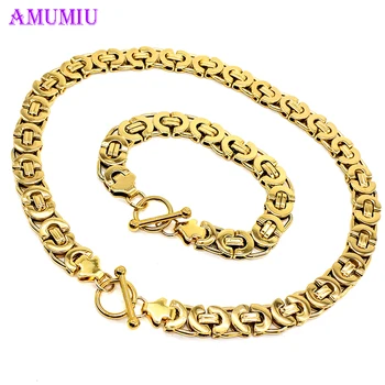 

AMUMIU Men Chain Gold Color Stainless Steel Byzantine Box Link Necklace Bracelet Sets Classic Jewelry Set JS055