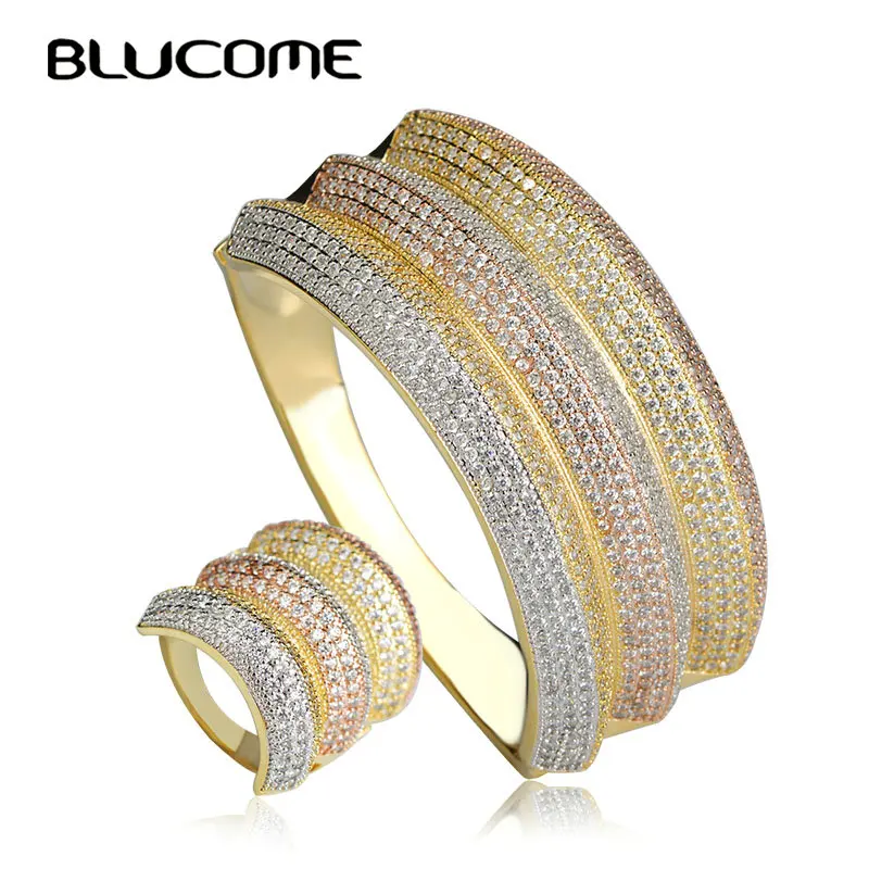 

Blucome New Luxury Wide Big Bangles Rings Three Tones Full Rhinestones Wedding Party Jewelry Hand Finger Accessories For Women
