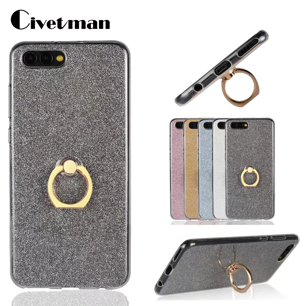 Cover Phone Case For Huawei Honor V10 V 10 View 5.99&quot TPU Silicone Gel Shell Shine Flash Glitter Powder Finger Ring Kickstand |