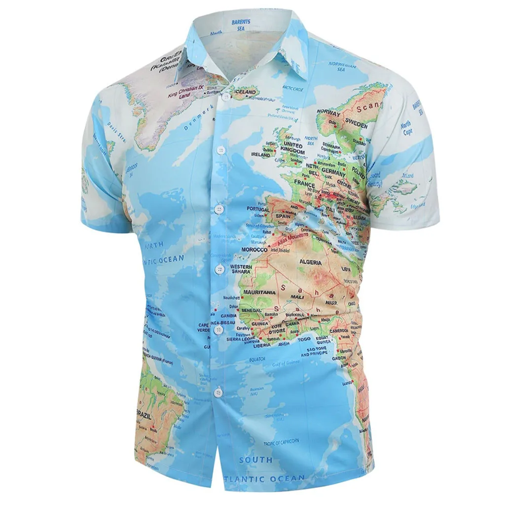 Летняя мужская рубашка Slim Fit короткий рукав одежда карта мира принт с кнопкой рубашка тренд мужские рубашки одежда L0617
