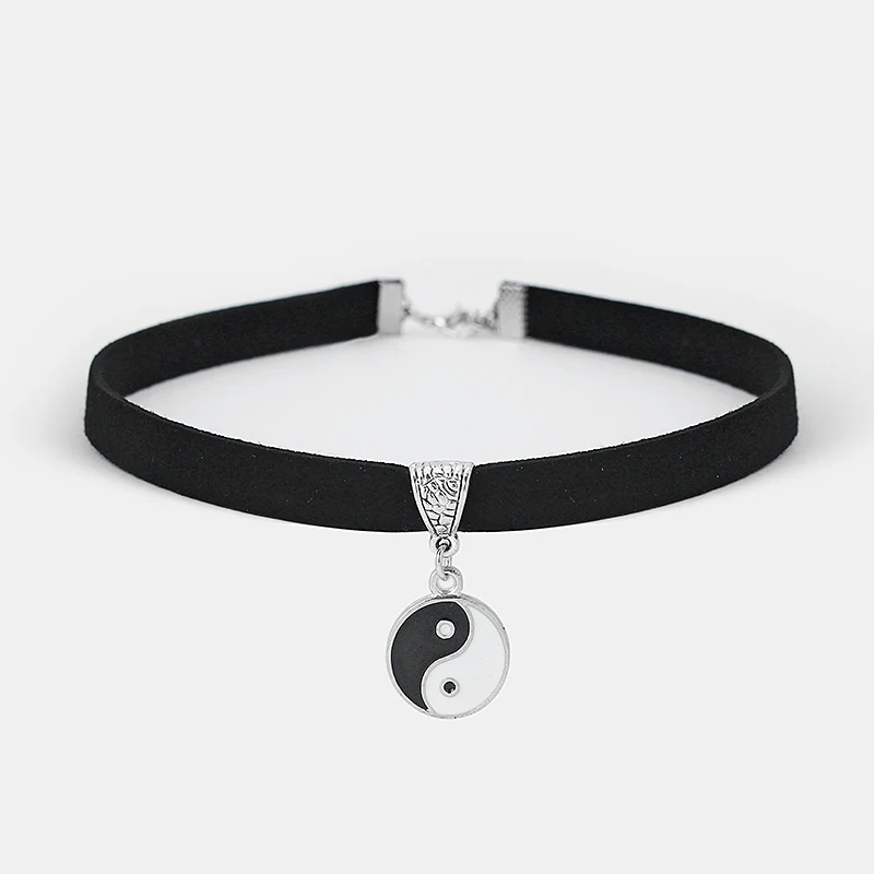 Black 10mm Flat Faux Suede Leather Cord Yin Yang Charm Choker Necklace 13 inches Jewelry