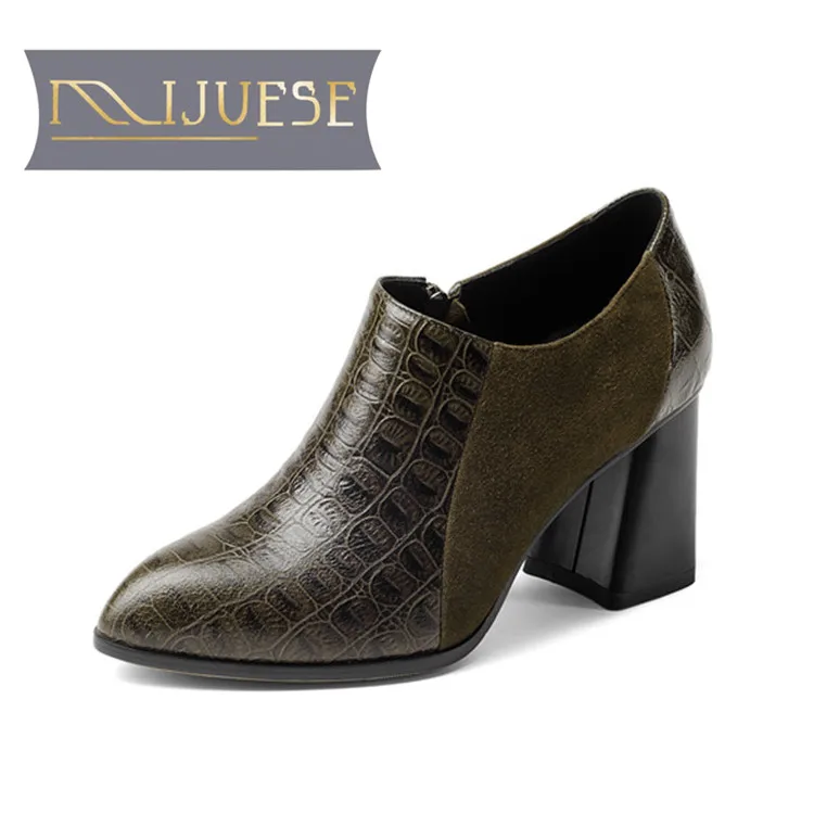 

MLJUESE 2018 women pumps Genuine leather zippers snake strip Black color high heels size 34-43