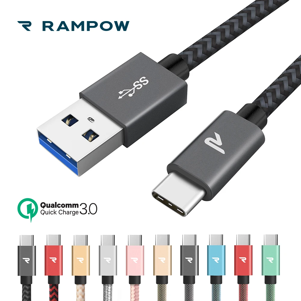 

RAMPOW USB Type C Cable for Samsung Galaxy S9/S8, QC3.0 Fast Charging USB C Cable, 5Gbps Fast Sync USB Cable for Huawei P20