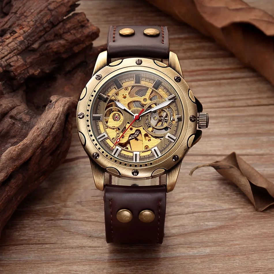 

Retro Skeleton Mechanical Watch Top Automatic Mechanical Watches Men Vintage Leather Bronze Watch Men Clock Mechanism Droppship