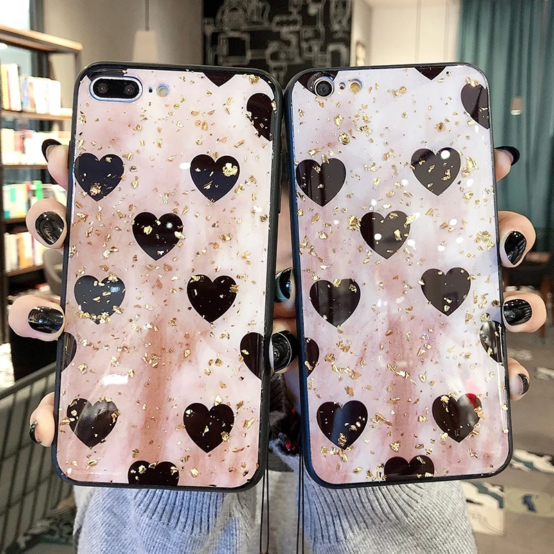 

Luxury Gold Foil Cute Love Heart Phone Case For iPhone 8 7 6 6S Plus Glitter Soft TPU Back Cover For iPhone X XS Max XR XS Case