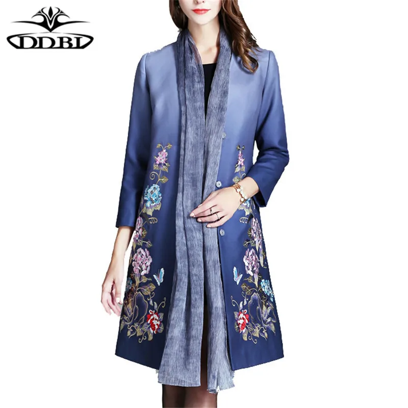 embroidery trench coat plus size blue gradiant large size trench coats for elegant women 2017 large size outwear  170824
