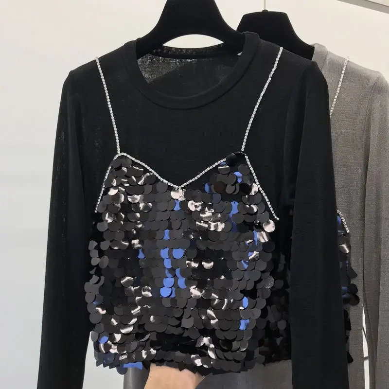

Fashion Sequined Blouse Long sleeve Beaded Women Oversized Round Collar Blouses Female Plus Size Cotton Jumper Shirt