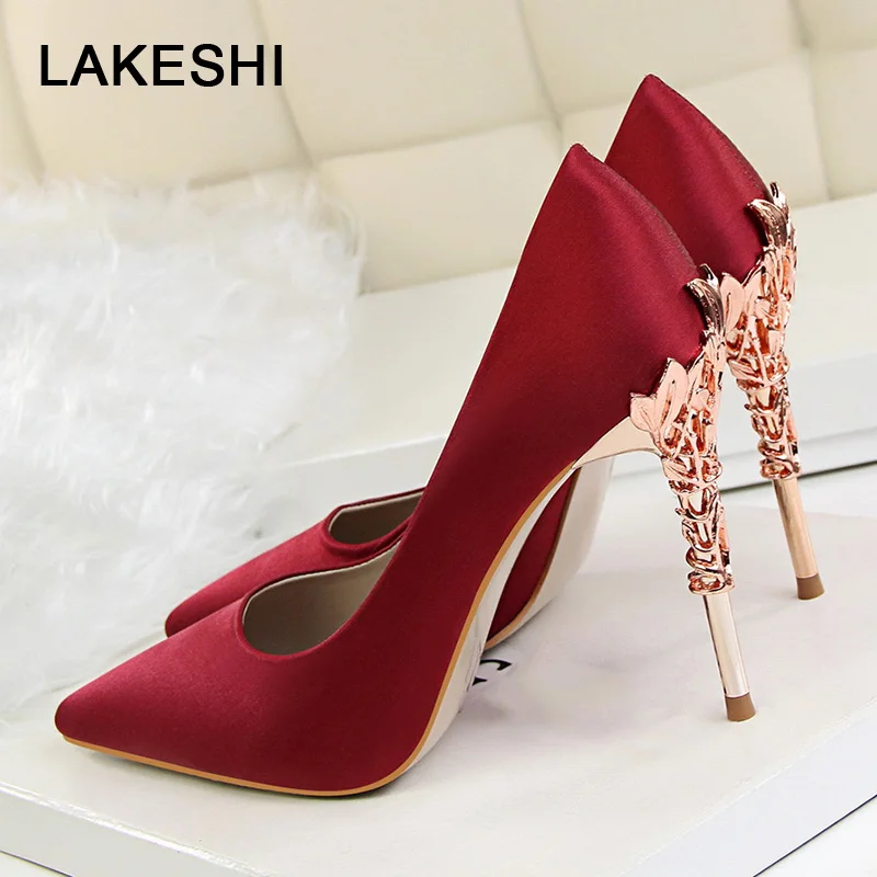 LAKESHI Metal Carved Heels Shoes Women Pumps Solid Elegant High Heels Fashion Wedding Shoes Famale Women Heel Shoes High 10cm