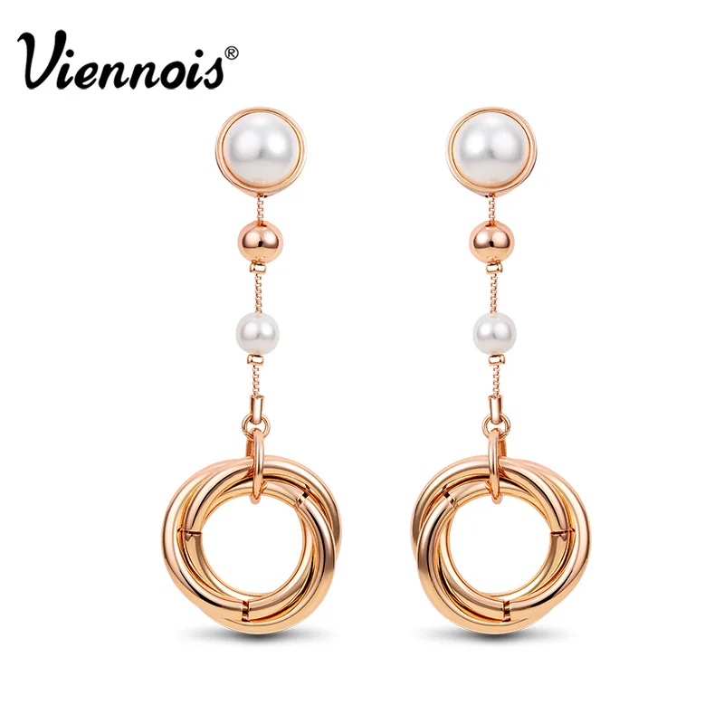 Viennois Gold Color Round Circle Dangle Earrings For women Simulated Pearl Elegant Earrings Fashion Jewelry