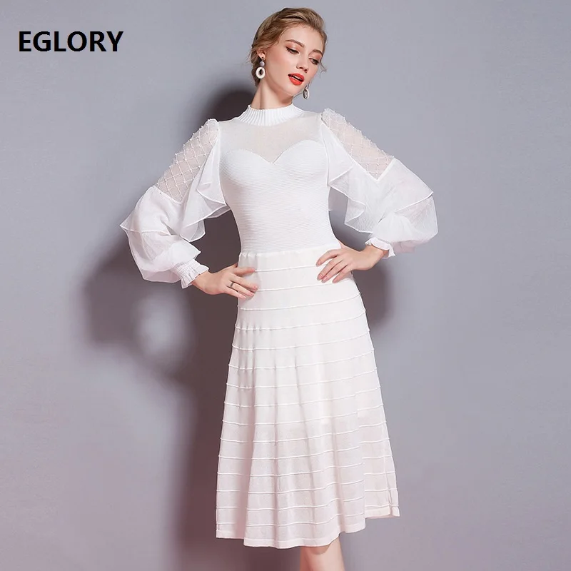 

Newest Fashion 2018 Early Autumn Dress Women Sexy Chiffon Knitting Patchwork Vintage Lantern Sleeve A-Line Knitted Sweater Dress