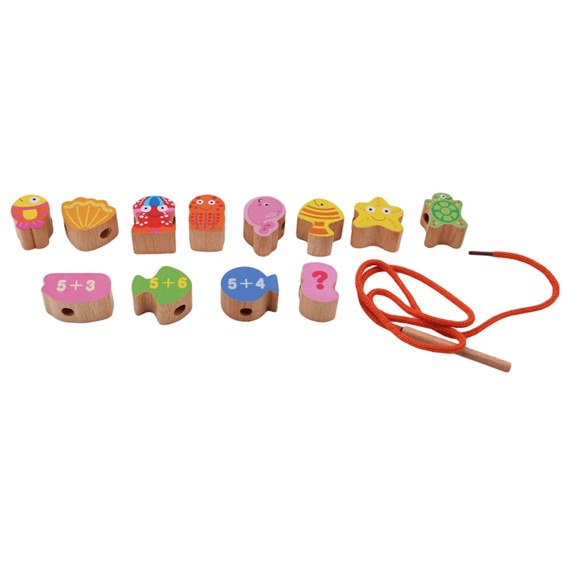 Дошкольные игрушки для мелкой моторики шнуровка и нанизывание деревянных бусин морские розовые девушки с веревкой упакованы с металлической коробкой - Цвет: Deep sea animal