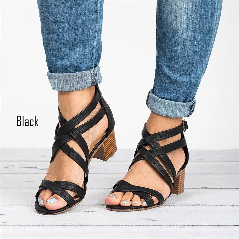 

SLHJC Women Summer Leather Sandals Med Chunky Heel Open Toe Cover Heel Pumps Plus Size Zip Shoes Leather Belted Knitted Shoes