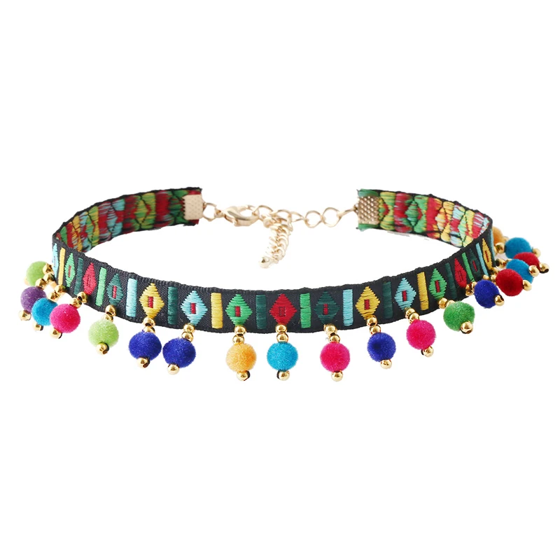 

Boho Choker Necklace Fashion Women Necklace Colorful Handmade Ribbon Ball Collar Necklace Vintage Choker Jewelry Party Dress