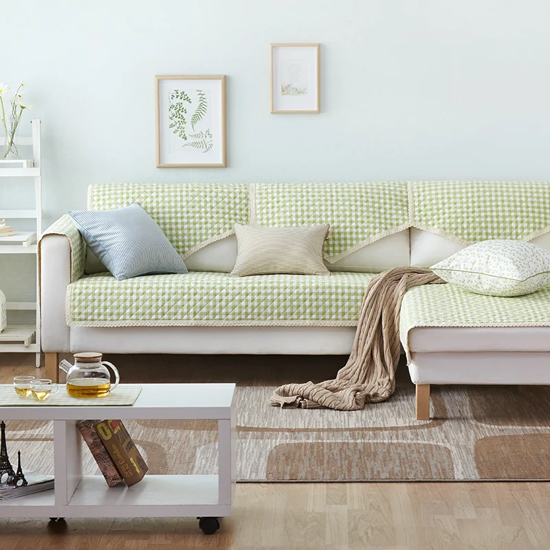 Pastoral 100 cotton green plaid sectional couch pads for Living Room