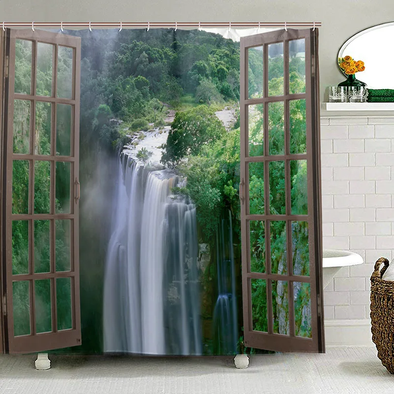 Широкий водопад глубоко вниз в лесу видно из окна города эпические сюрреалистические декоративные занавески для душа пейзаж занавески для ванной комнаты - Цвет: Item 2