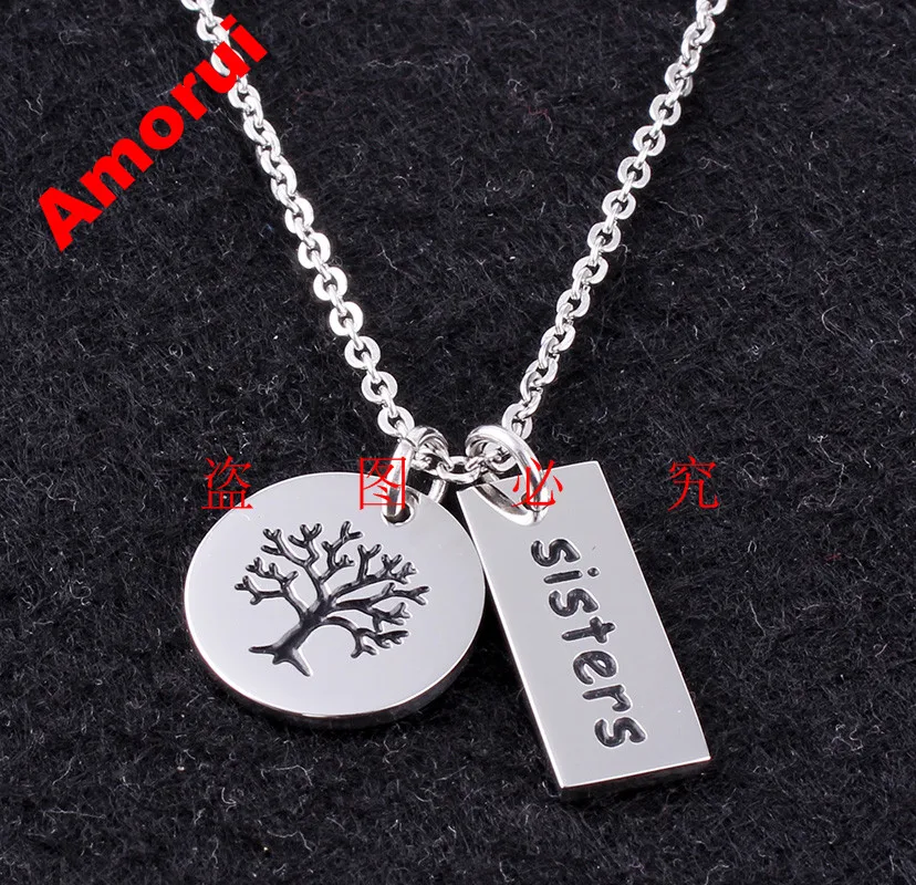 AMORUI Sisters Tree Enamel Family Necklace Women Fashion Rose Gold/Gold/Silver Color Stainless Steel No Fade Necklaces Pendants