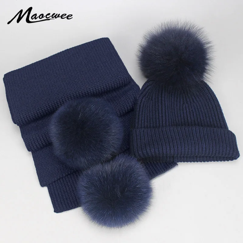 

Real Fox Fur Pompom For Women Hats Scarves Nature Fur Pom Poms for Hat and Scarf Set Winter Warm Crochet Wool Knitted Hat Scarf
