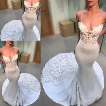 

Modest Mermaid Satin Wedding Dresses 2020 robe de mariee Sweetheart Lace Wedding Gowns Custom Made Sweep Train Bride Dress