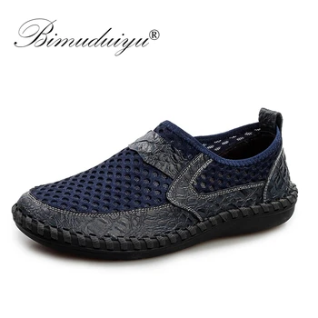 

BIMUDUIYU Breathable Men's Casual Shoes Summer Shoes Cowhide + Mesh Crocodile Pattern Male Mesh Shoes Plus Size 38-46 Footwear