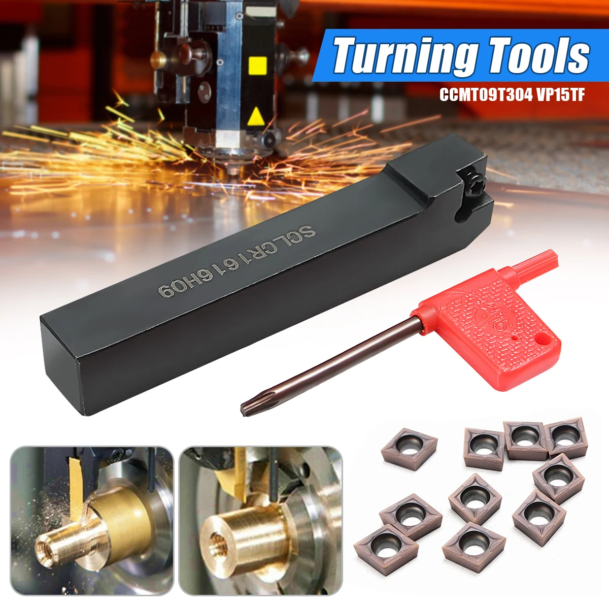 

SCLCR1616H09 Lathe Turning Tool Holder with 10pcs CCMT09T304 VP15TF CCMT32.51 Carbide Inserts Blades + Wrench