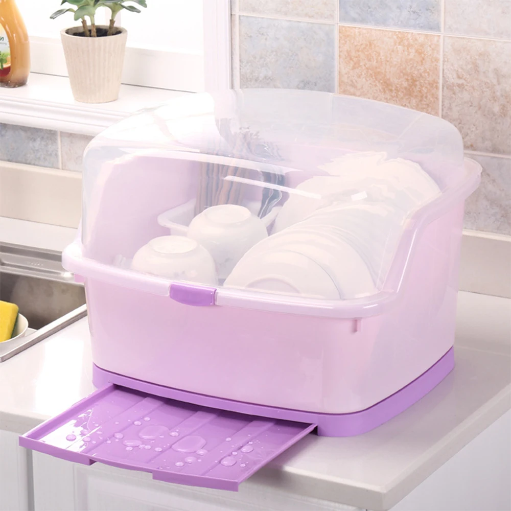 

Kitchen Dinnerware Organizer Container Plate Cup Utensil Storage Box Draining Holder Sink Dish Bowl Drip Shelf With Lid