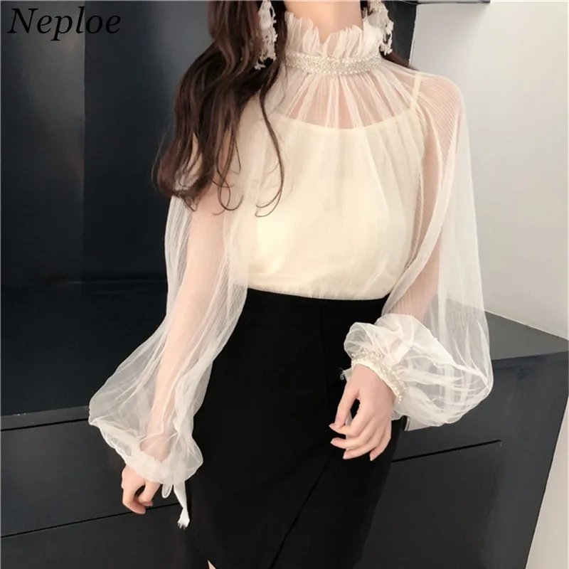 

Neploe Sexy See-through Mesh Women Shirts 2019 Spring Fashion Beading Solid Two-piece Blouse Patchwork Female Blusas 66968
