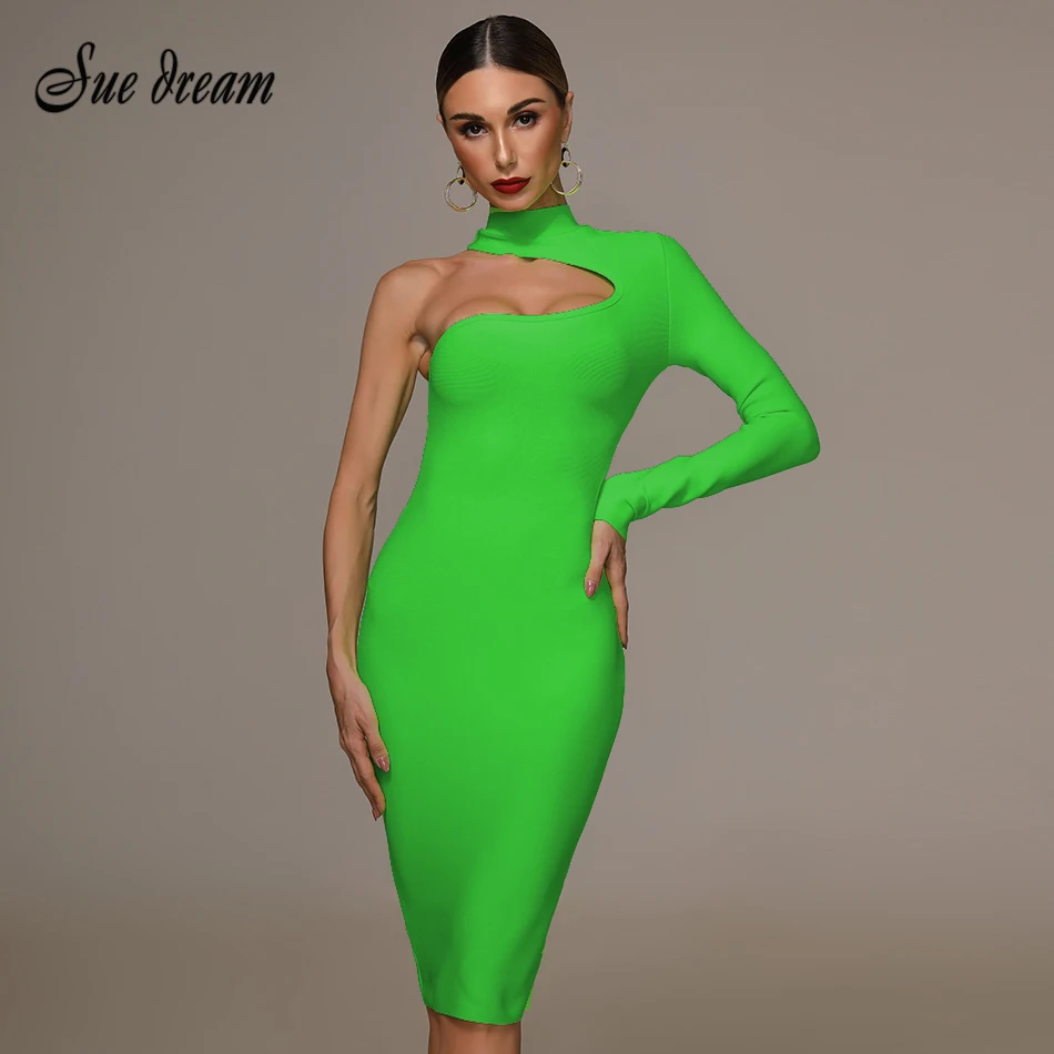 

2019 new women's fluorescent green black zipper design sexy one shoulder long sleeve round neck party dress mini bandage dress