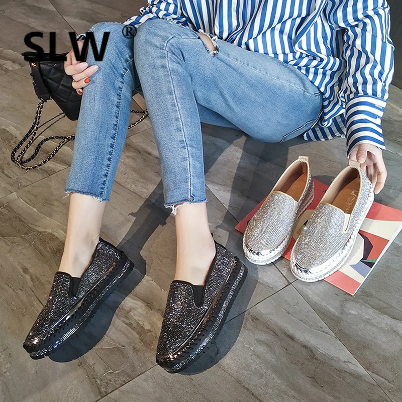 

2019 Loafers Lace-Up Slip-On PU Casual Rubber women new Crystal Basic white spring comfortable soft Round Toe leather woman