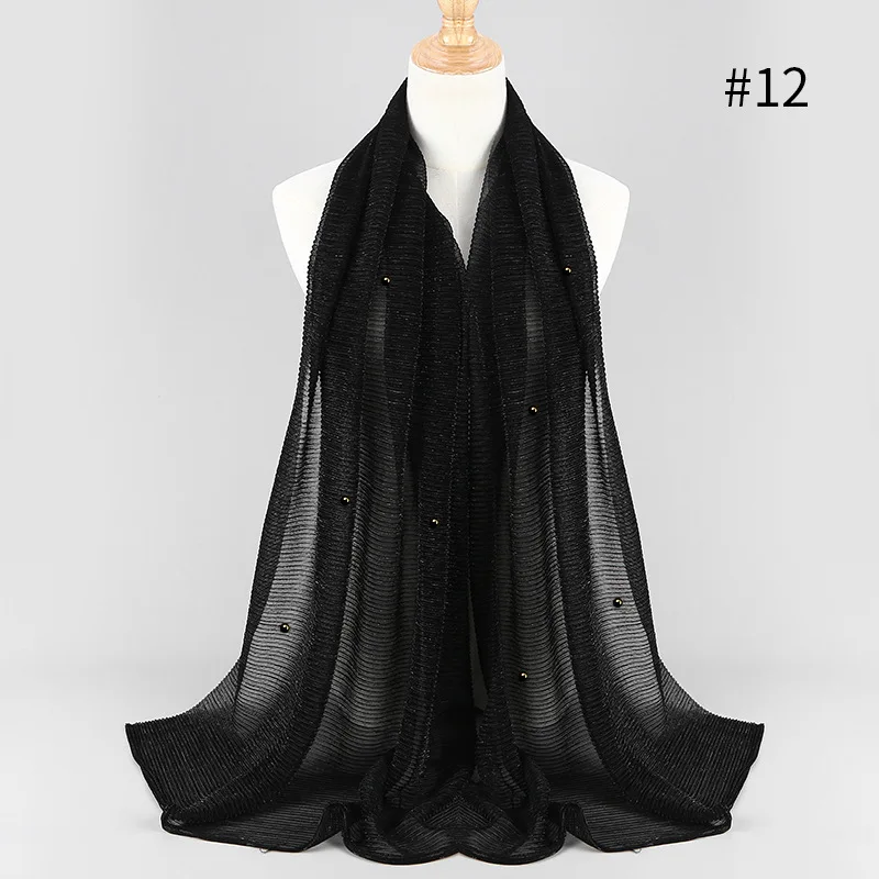Blingbling! Блеск морщин мусульманский хиджаб шаль обертывания с жемчугом декор Исламская Простой Pleat Shimmer платок Арабский Дубай тюрбан