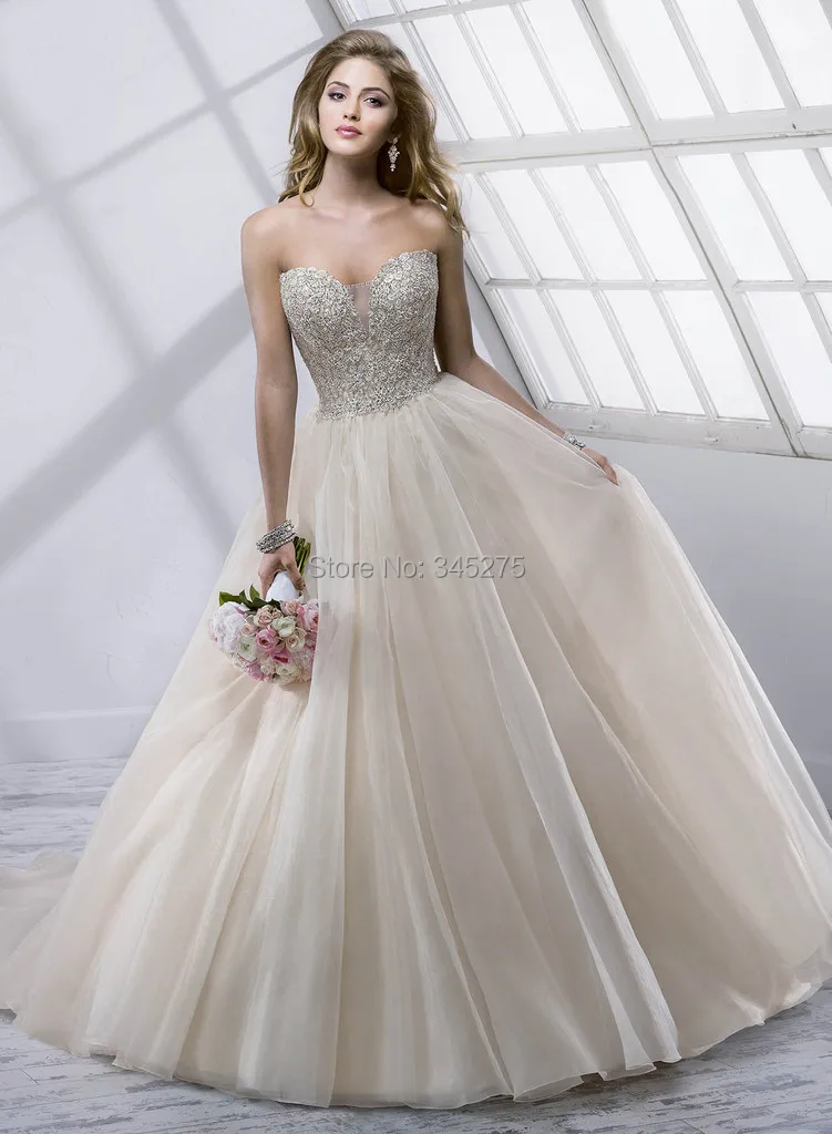 Champagne Silver Bling Crystal Ruched Ball Gown Wedding Dress Chic