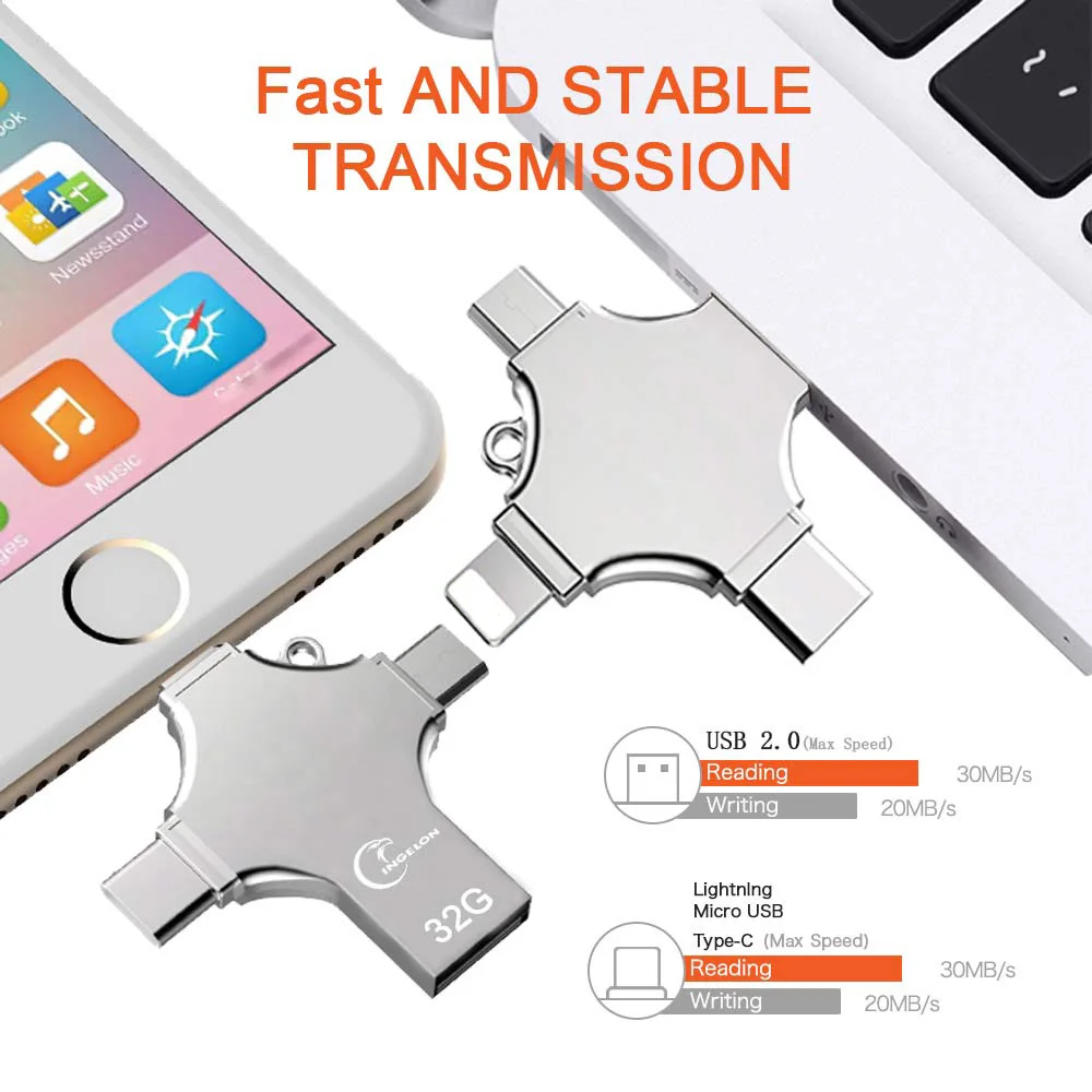 Usb флеш накопитель Ingelon 4 в 1 256 ГБ 16 32 флешка 128 OTG idragon металлическая usb для iphone ios