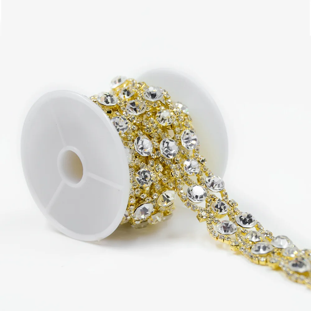 1 Yard Charming Big Small Crystal Sew On Trim Gold Chain
