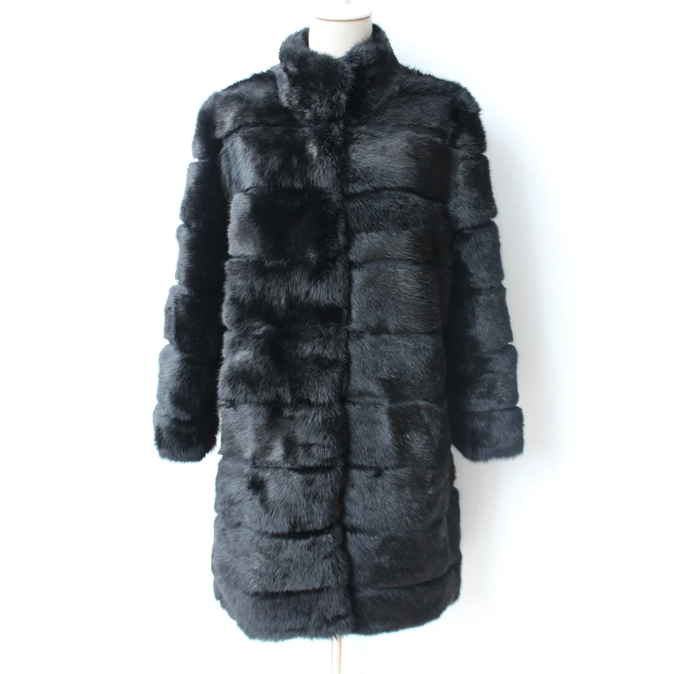 2018 المرأة الحقيقي الفراء أرنب معاطف الأسود فام الشتاء طويل دافئ سترة الوقوف طوق روسيا نمط نوعية جيدة الفراء أبلى الملابس