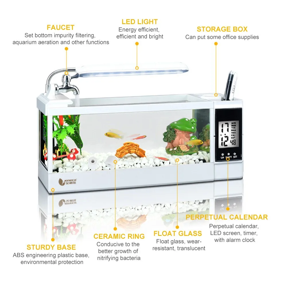 Мини аквариумный аквариум USB аквариумный Настольный аквариумный аквариум с светодиодный светильник ЖК-дисплей экран и часы аквариум 220 В
