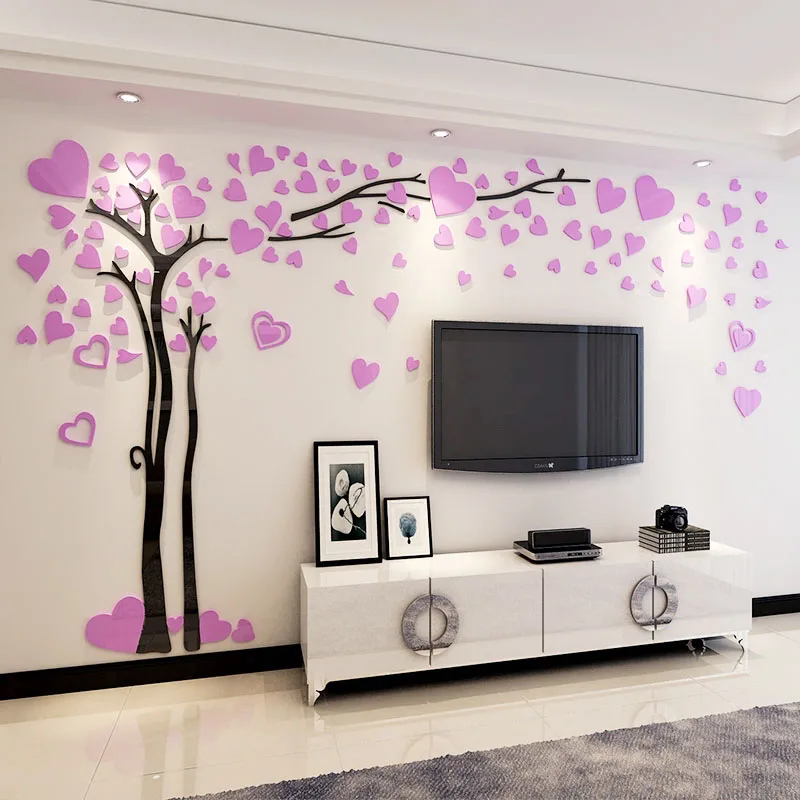 

2017 New Romantic Tree with Heart Leaves Acrylic Stickers DIY Wall Sticker TV Background Living Room Decor Large Sticker