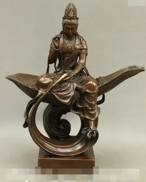 

S06969 17 Chinese Pure Red Bronze GuanYin Kwan-yin Goddess Ride Leaf Buddha Pot Statue