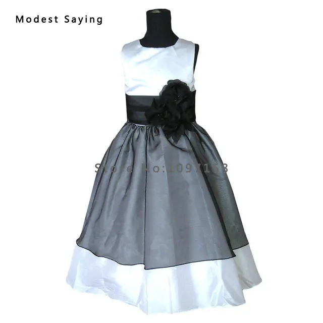 white flower girl dress with black sash
