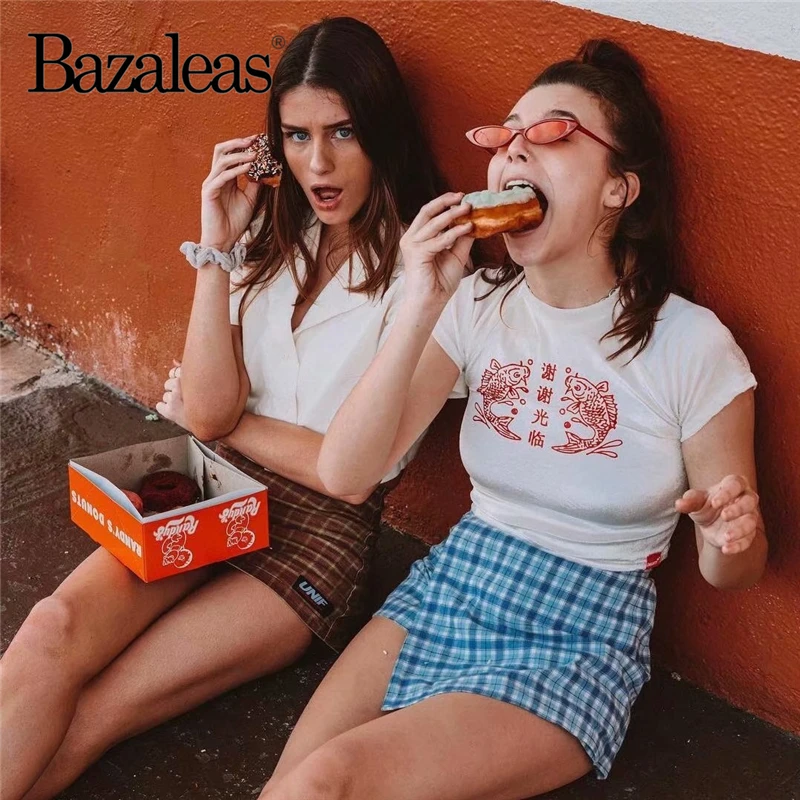 Bazaleas Harajuku, укороченные Базовые Женские винтажные топы, повседневные женские футболки с принтом двойной рыбы, бархатная белая сексуальная укороченная футболка, тонкая футболка