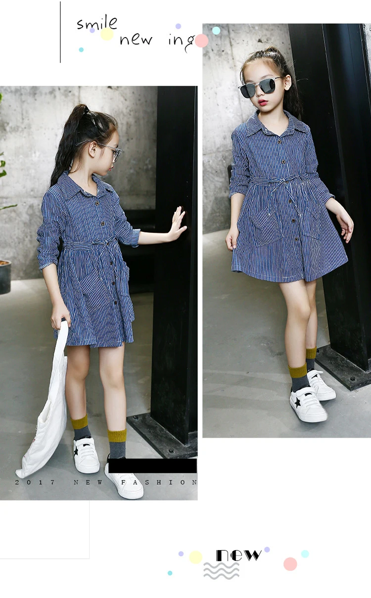Baby Dress Girls Children's Toddler Girls  College style leisure Washed denim Long sleeve Collect waist stripe shirtdress for 3-14Y kids clothing (5)