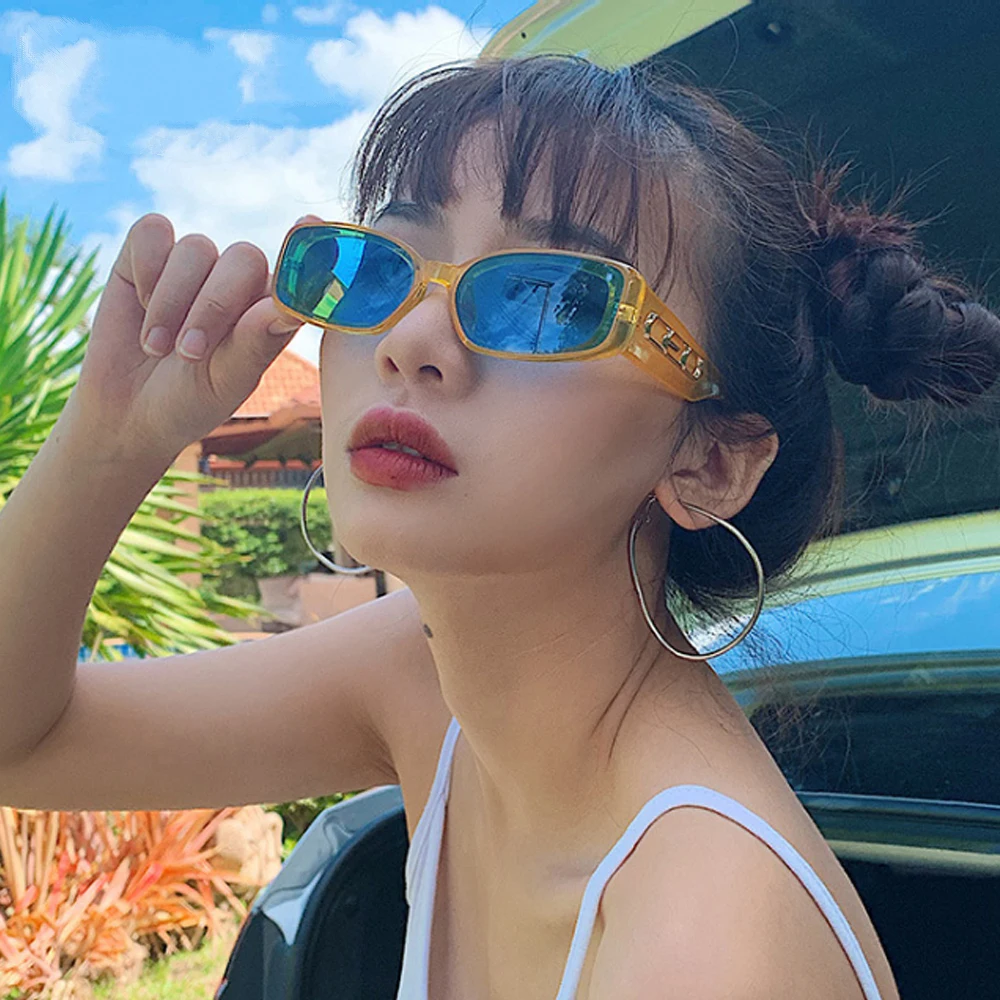 Trendy Small Orange Rectangular Sunglasses Women 2019 90s Retro Lady Tiny Square Rectangle Red Sun Glasses Shades S001