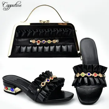 

Popular black African medium heel slipper shoes and bag set with stones for fashion lady 333-5 heel height 4cm
