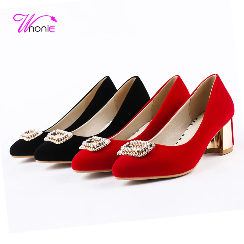 

2017 Fashion Women Pumps Square Heel Pointed-toe Slip-on Rhinestone Rubber Spring Autumn Casual Party Daily Sexy Ladies Shoes