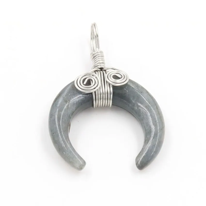 

YJXP Silver Plated Wire Wrap Labradorite Stone Crescent Moon Pendant Classic Style Jewelry