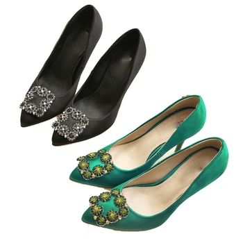 

women party shoe pointed toe silk high heels crystal buckle flower fashion ladies pumps zapatos de mujer women night party shoes