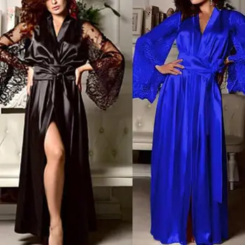 

Womens Deep V-Neck Maxi Long Nightdress Open Front Faux Silk Floral Lace Sleeve Kimono Bathrobe Solid Color Satin Sashes Belt