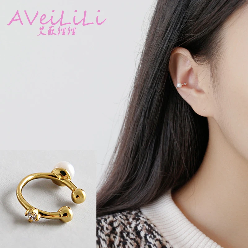 

925 sterling silver earrings jewelry Pearl zircon circle Clip Earrings white gold Yellow gold woman