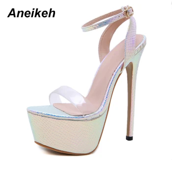 

Aneikeh 2019 PVC Silvery Platform High Heels Sandals Summer Sexy Ankle Strap Open Toe Gladiator Party Dress Women Shoes Size 40