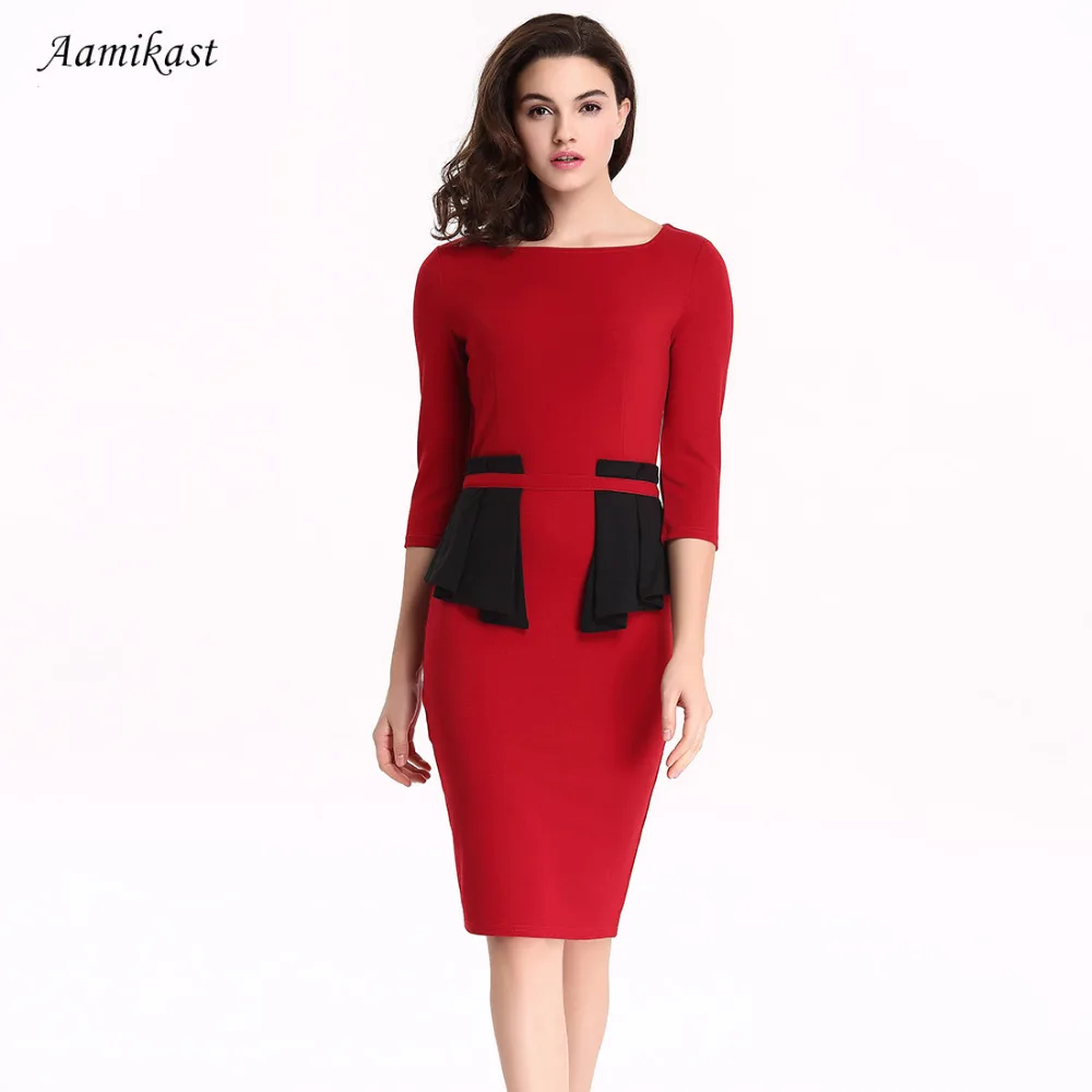 

Women Dresses Hot Sale Elegant Square Collar Patchwork Three Quarter Sleeve Casual Party Vintage Business Dresses S_ XXXL