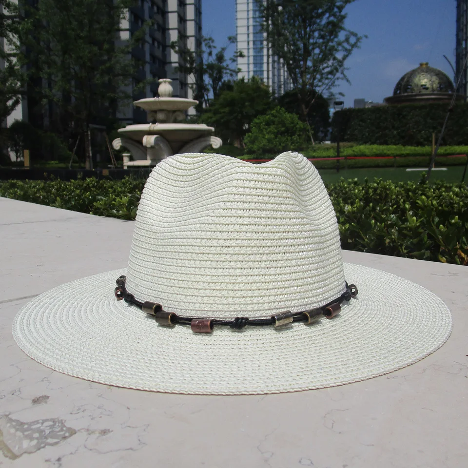 

Summer Punk Metal beads Belt Vintage Flat Brimmed Straw Hat Shading Sun Hat Lady Fashion Bohemia Beach Hat Unisex Jazz Hat